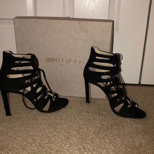 Jimmy Choo. Black open toe tie up heels - suede